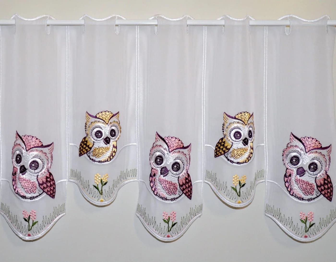 Stickereien Plauen Gardine Eulen Rosa-Braun Voile Bestickt - Bild 2