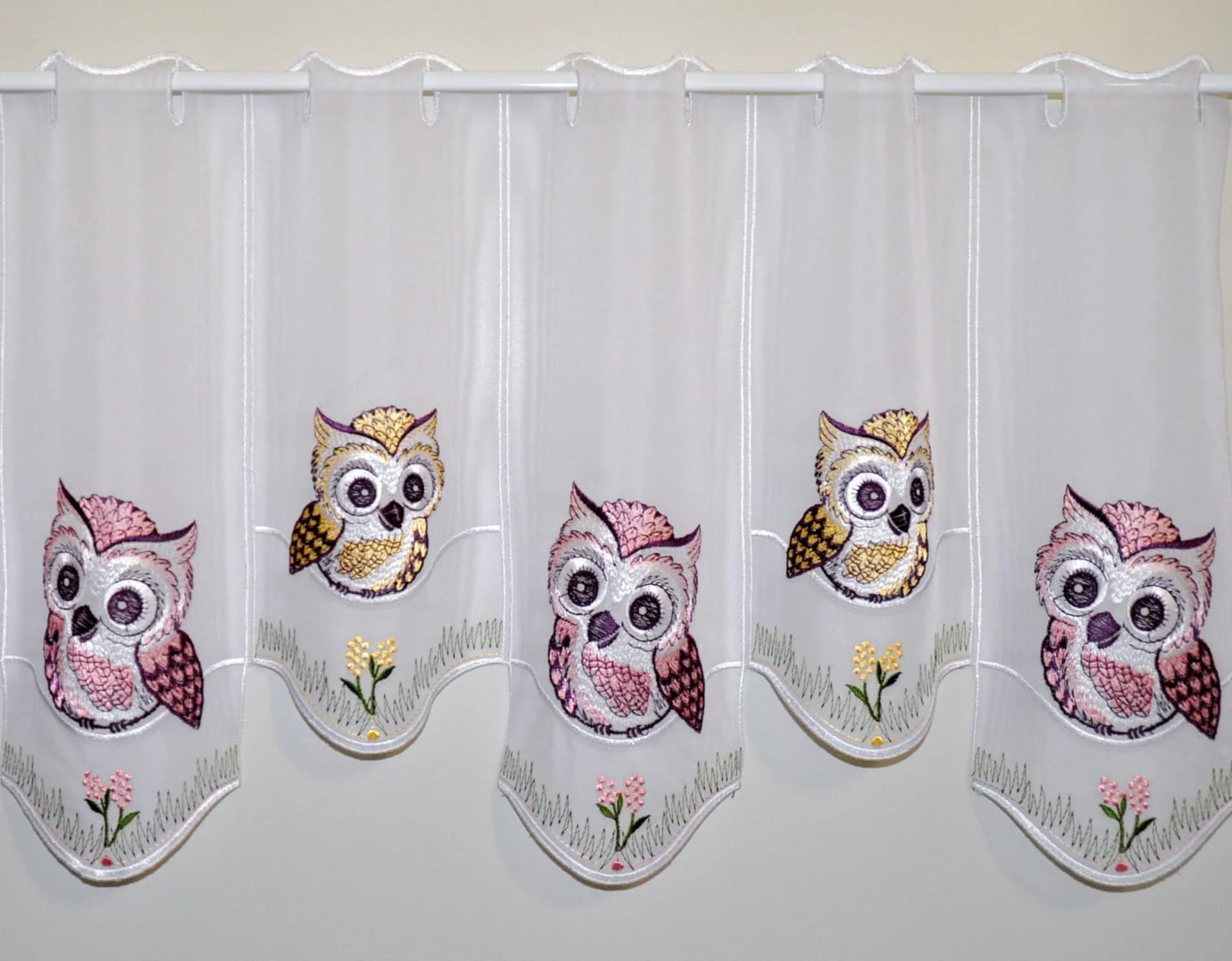 Stickereien Plauen Gardine Eulen Rosa-Braun Voile Bestickt - Bild 4