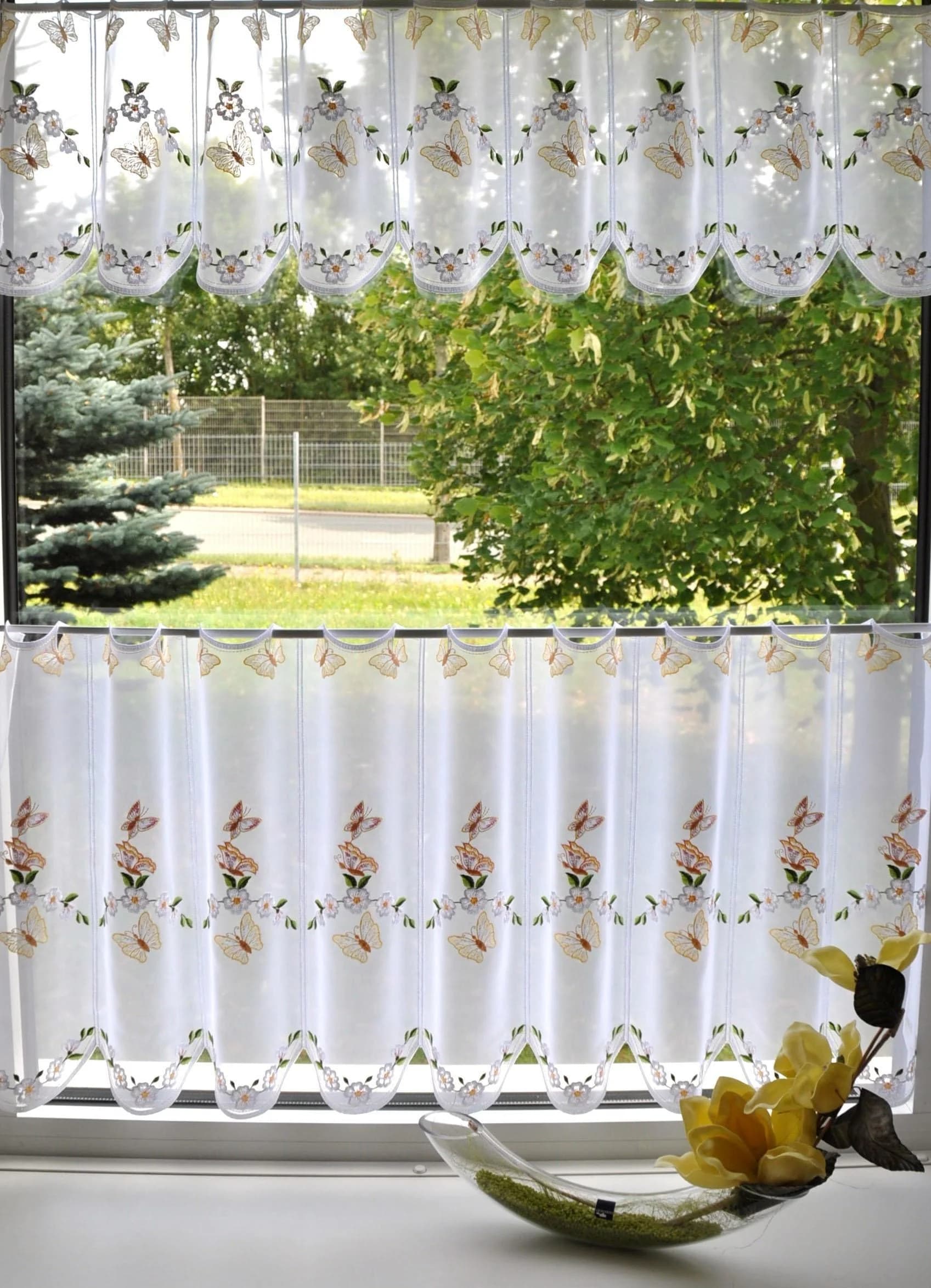 Scheibengardine Stickereien Plauen Schmetterling Bunt Voile Polyester