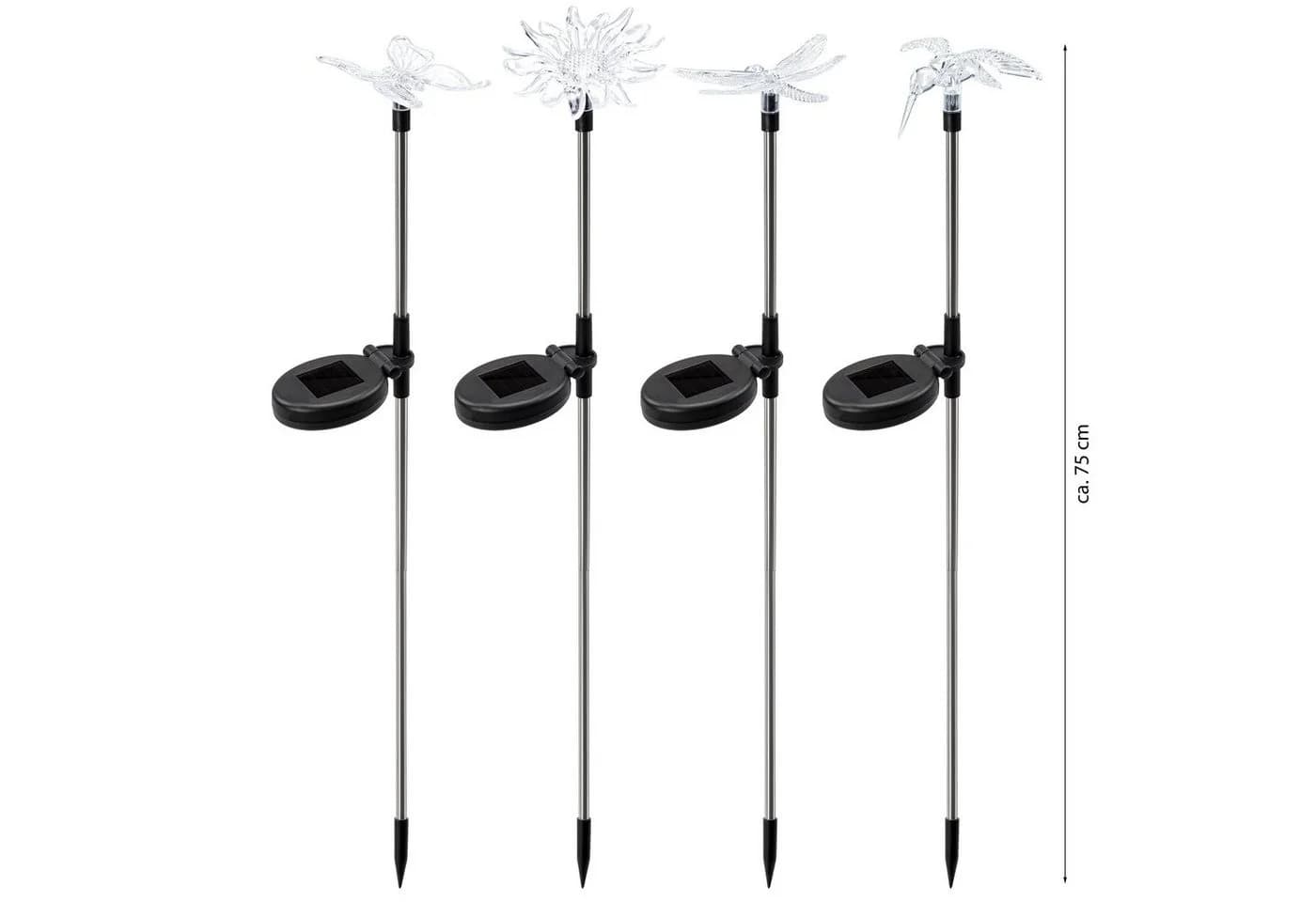 BONETTI LED Solarleuchte 4er Set Gartenstecker Schmetterling Libelle Blume Kolibri