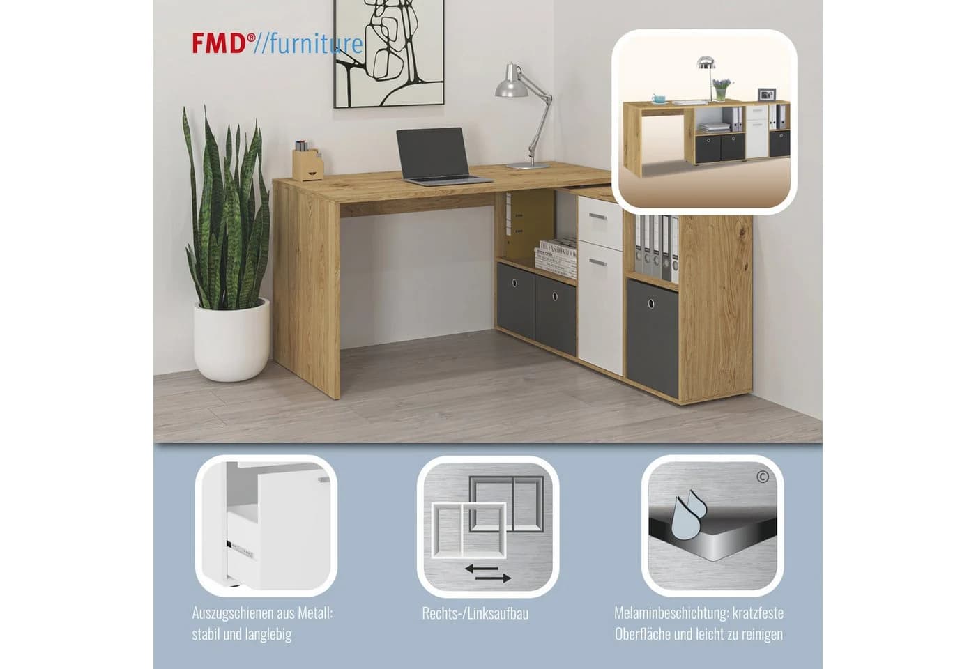 FMD Eckschreibtisch Lexo Braun Eichefarben Viel Stauraum - Bild 3