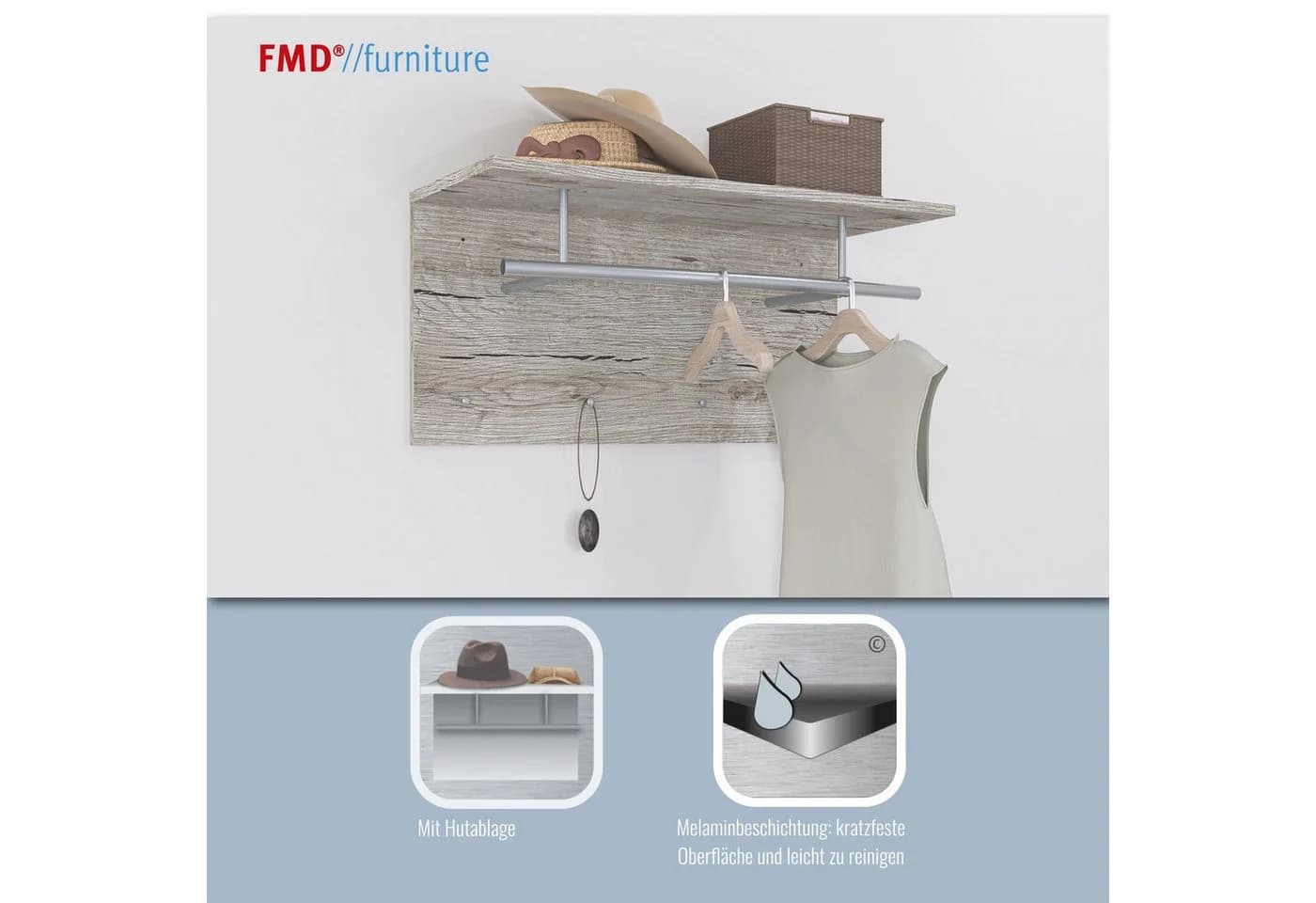 FMD Garderobenpaneel Spot Weiß mit Kleiderstange und 4 Haken - Bild 3
