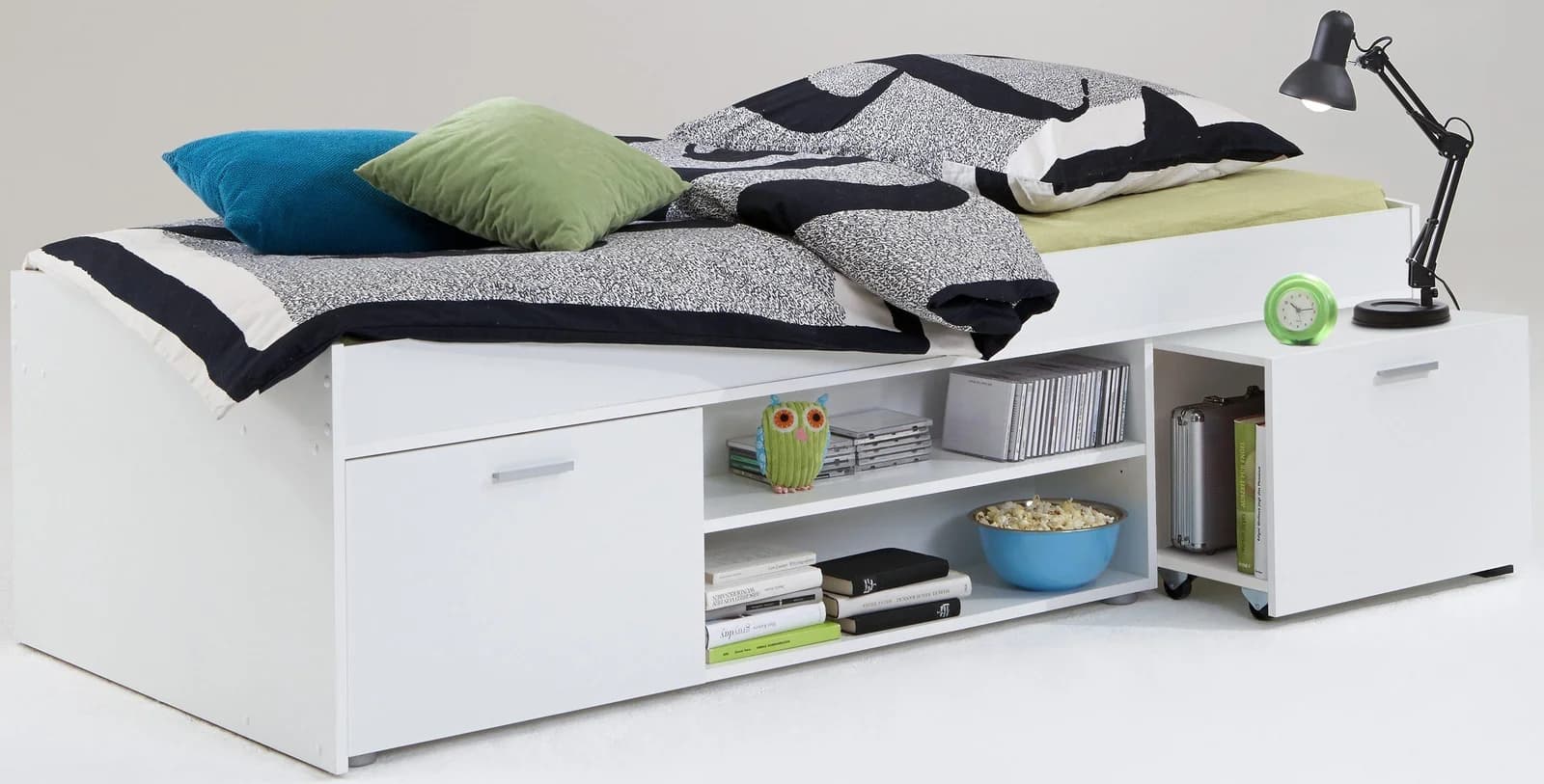 FMD Funktionsbett Weiß mit Stauraum und Nachttisch
