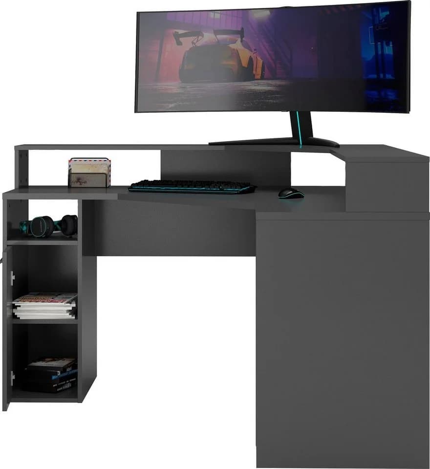 FMD Eckschreibtisch Zocker 2 Gamingtisch Anthrazit Weiß