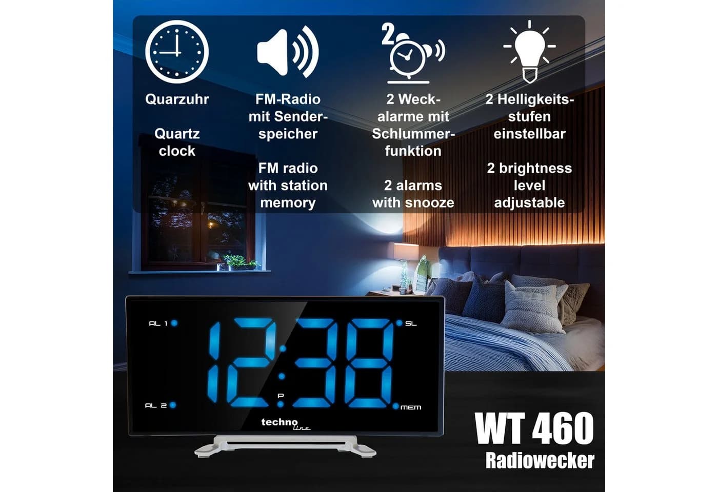 technoline Wecker WT 460 mit FM-Radio und 2 Weckalarmen Blau - Bild 4