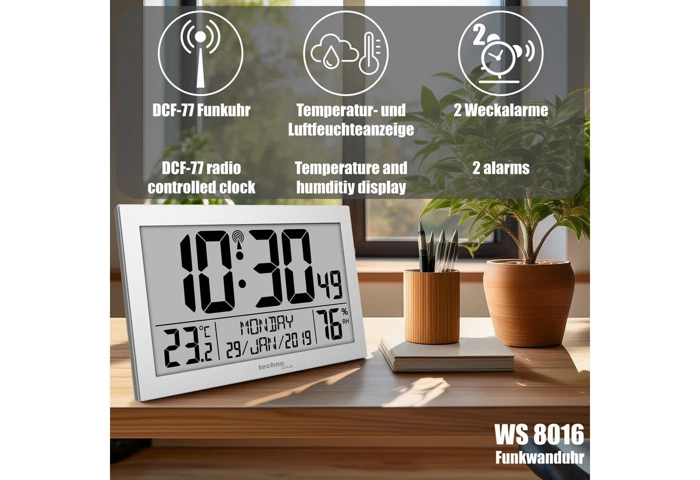 technoline Funkwanduhr WS 8016 Silber mit Temperatur- und Luftfeuchteanzeige