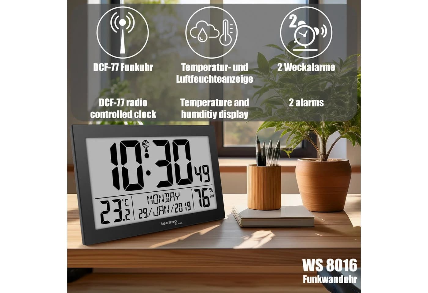 technoline Funkwanduhr WS 8016 mit Temperatur- und Luftfeuchteanzeige