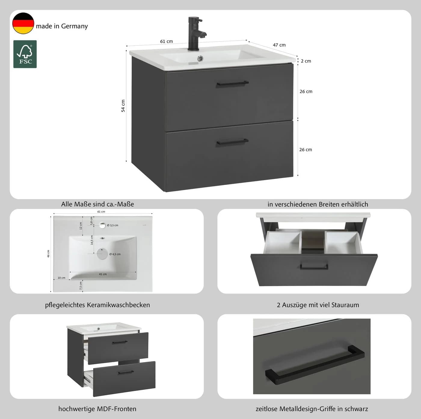 welltime Waschtisch Trento 60 cm mit Keramikbecken & 2 Schubladen - Bild 3