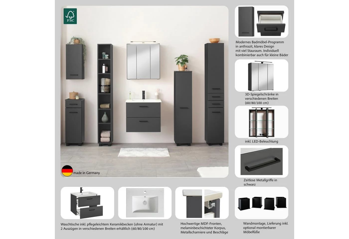 welltime Waschtisch Trento 60 cm mit Keramikbecken & 2 Schubladen - Bild 4