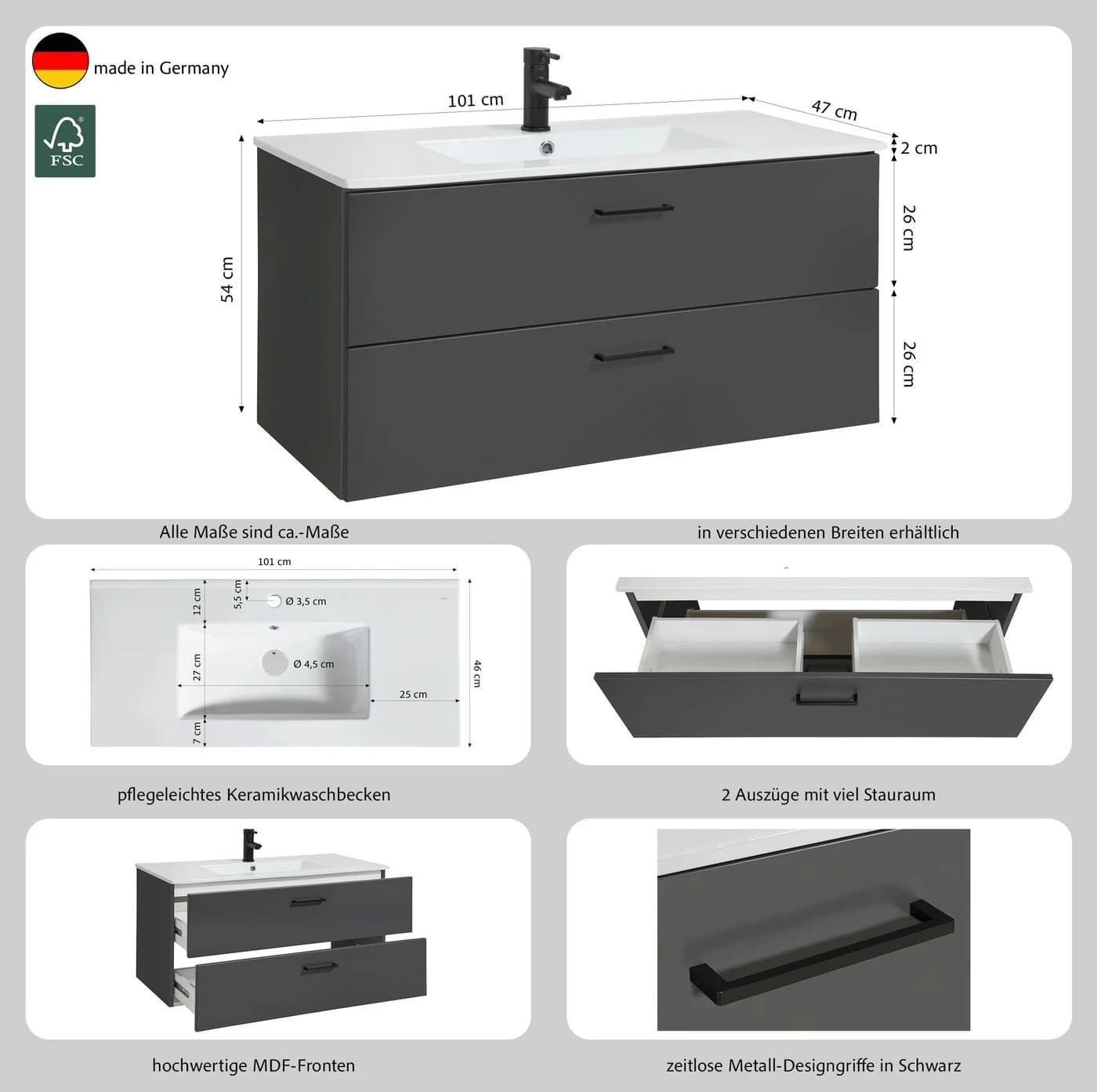 welltime Waschtisch Trento 100 cm mit 2 Schubladen Grau - Bild 3