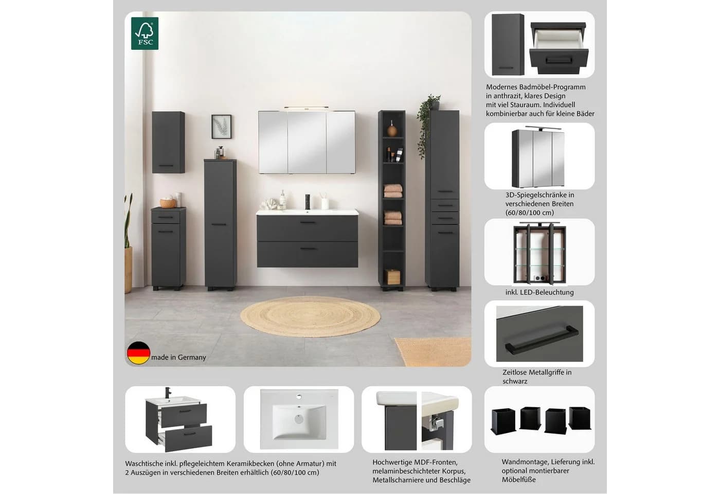 welltime Waschtisch Trento 100 cm mit 2 Schubladen Grau - Bild 4