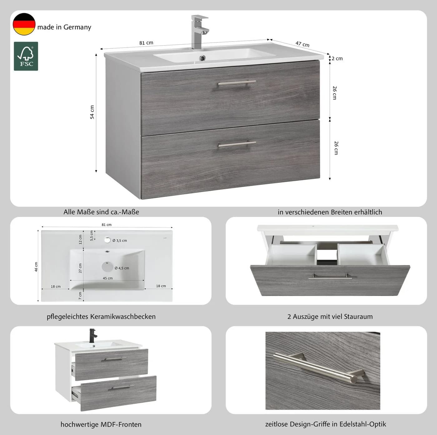 Welltime Waschtisch Trento mit Becken 80cm Weiß - Bild 3