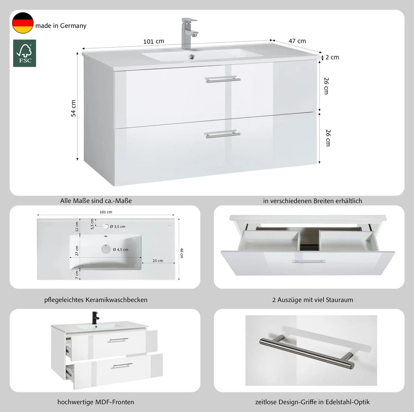 WELLTIME Trento Waschtisch Unterschrank mit Waschbecken Weiß Hochglanz - Bild 3