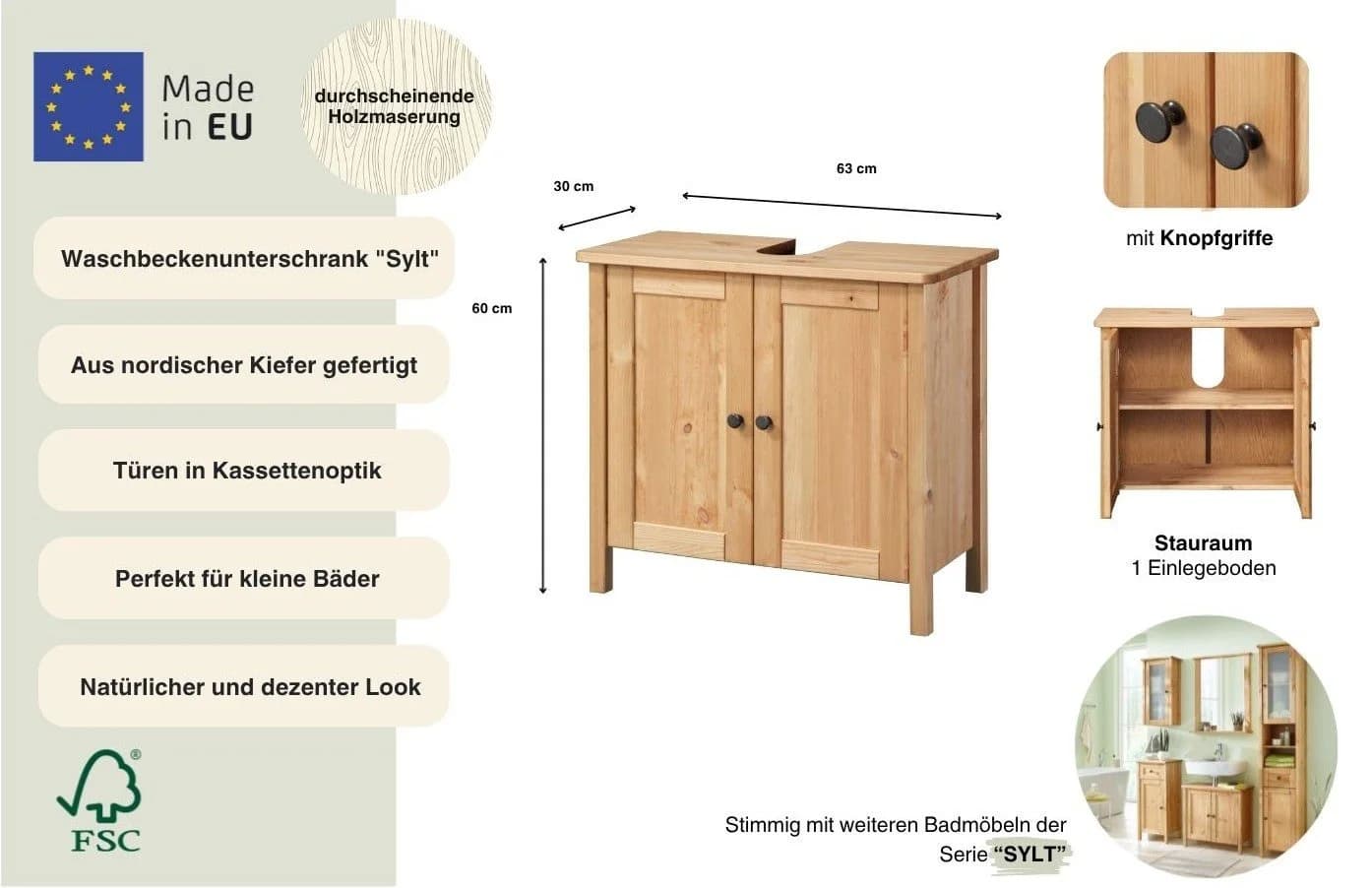 WELLTIME Waschbeckenunterschrank Sylt Landhaus Natur - Bild 3