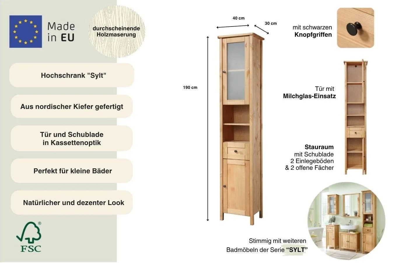 WELLTIME Hochschrank Sylt Beige Landhaus-Stil - Bild 3