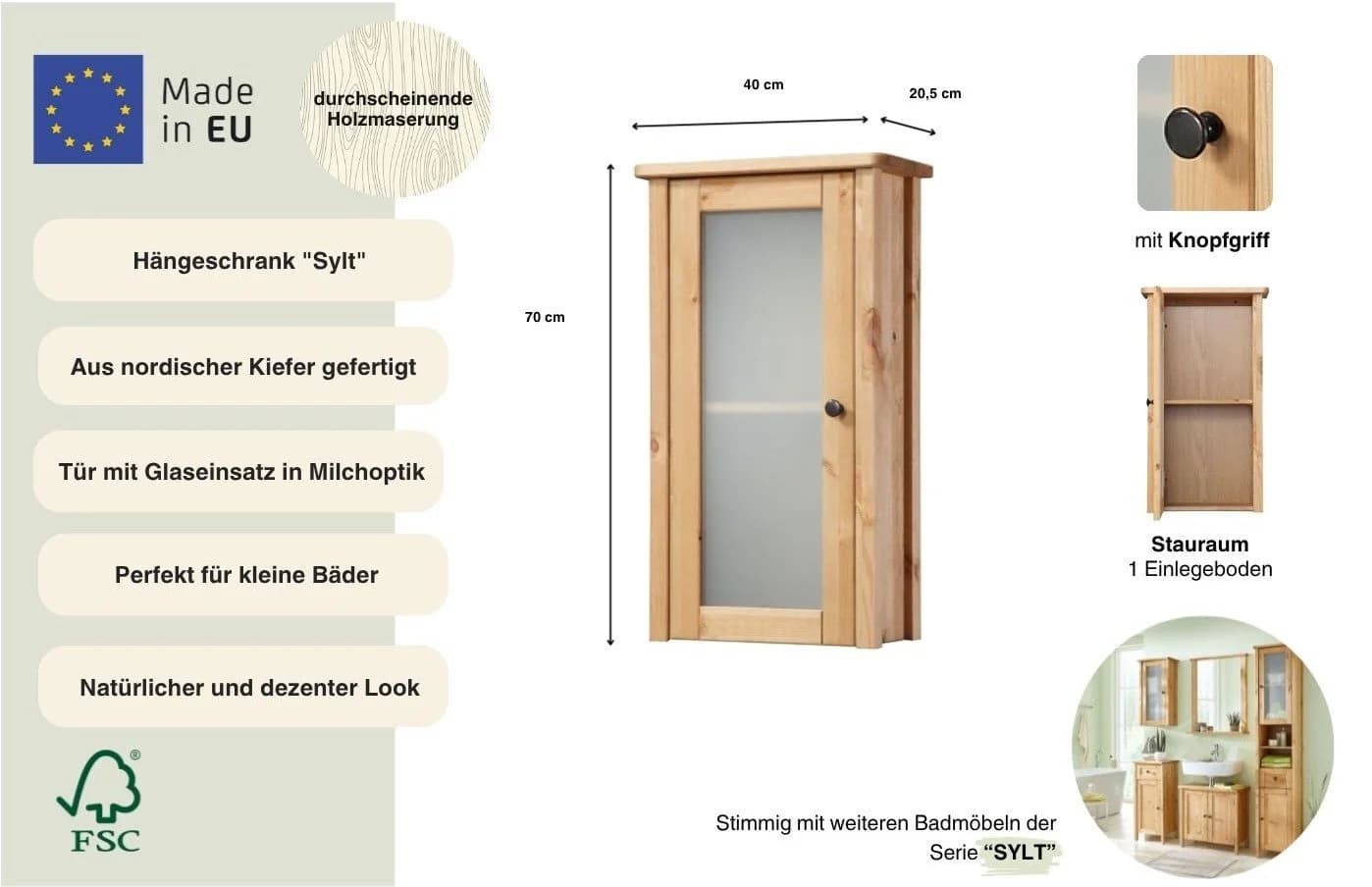 Welltime Hängeschrank Sylt Massivholz Kiefer Beige - Bild 3