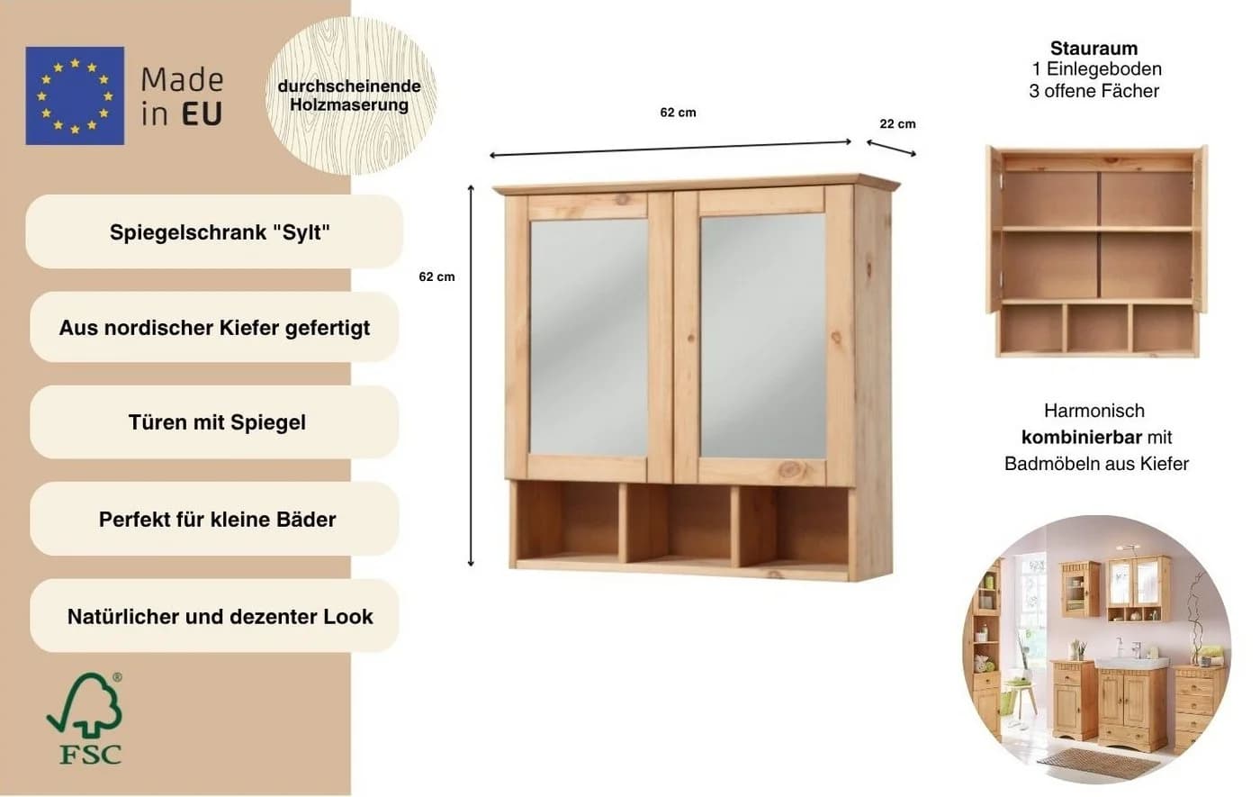 WELLTIME Spiegelschrank Landhaus Sylt Beige Massivholz - Bild 3