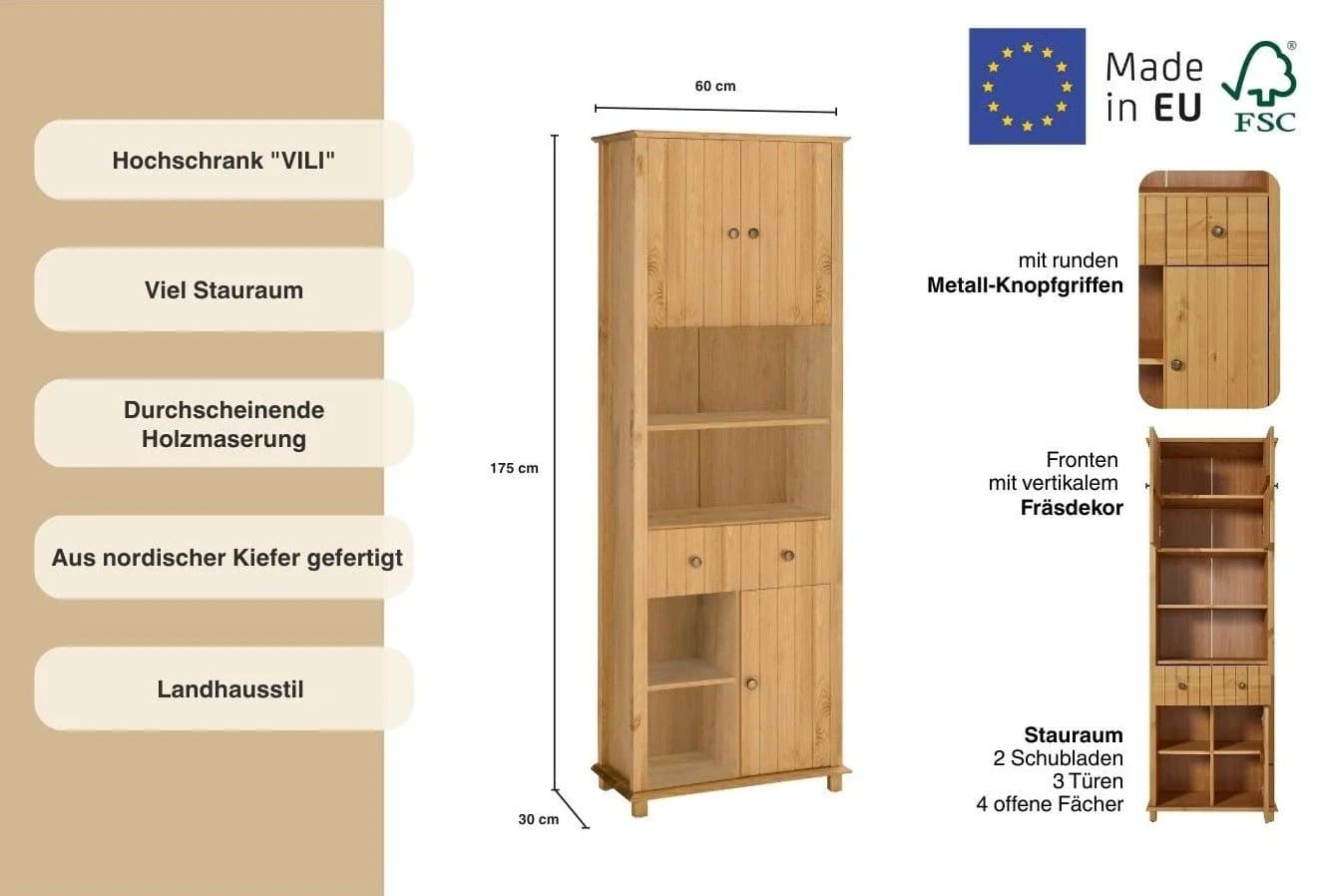 Home Affaire Hochschrank Vili Massivholz Beige 3 Türen 2 Schubladen - Bild 3