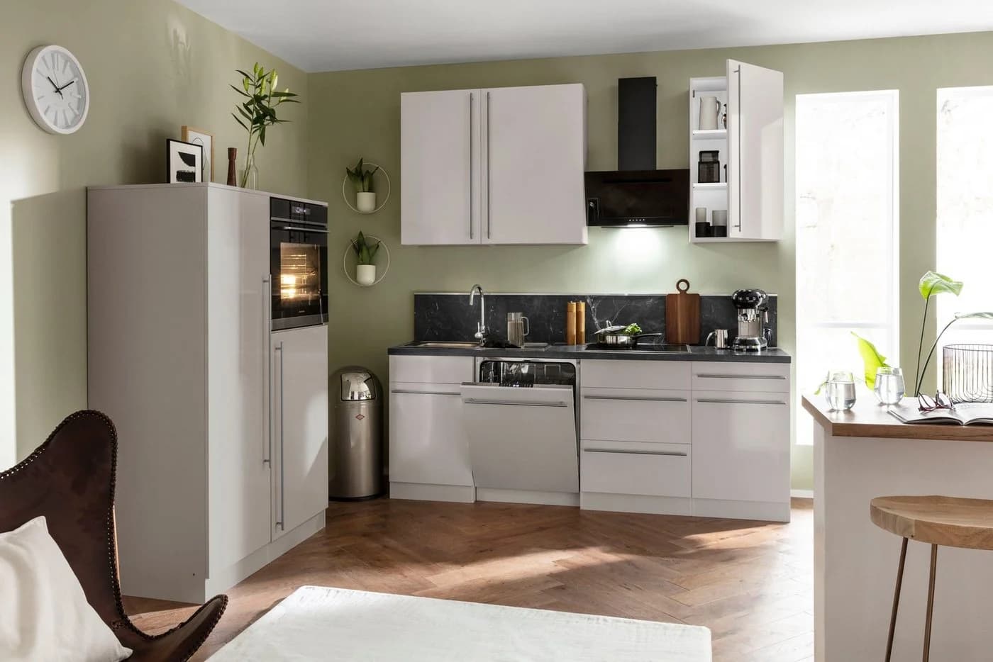 wiho Küchen Küche Chicago mit E-Geräten Beige/Schwarz Modern