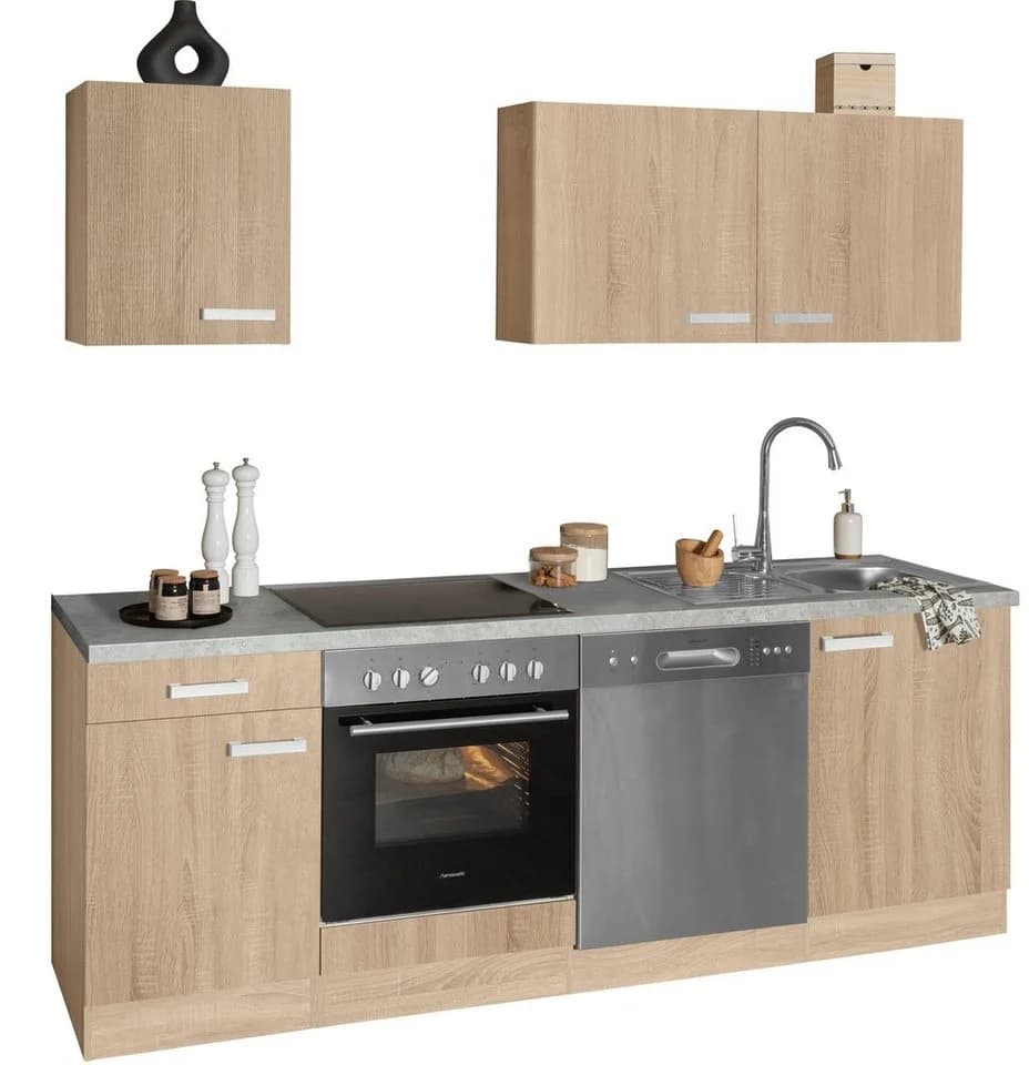 OPTIFIT Küchenzeile Leer 210 cm Eiche hell Marmor Grau mit Hanseatic Geräten - Bild 4