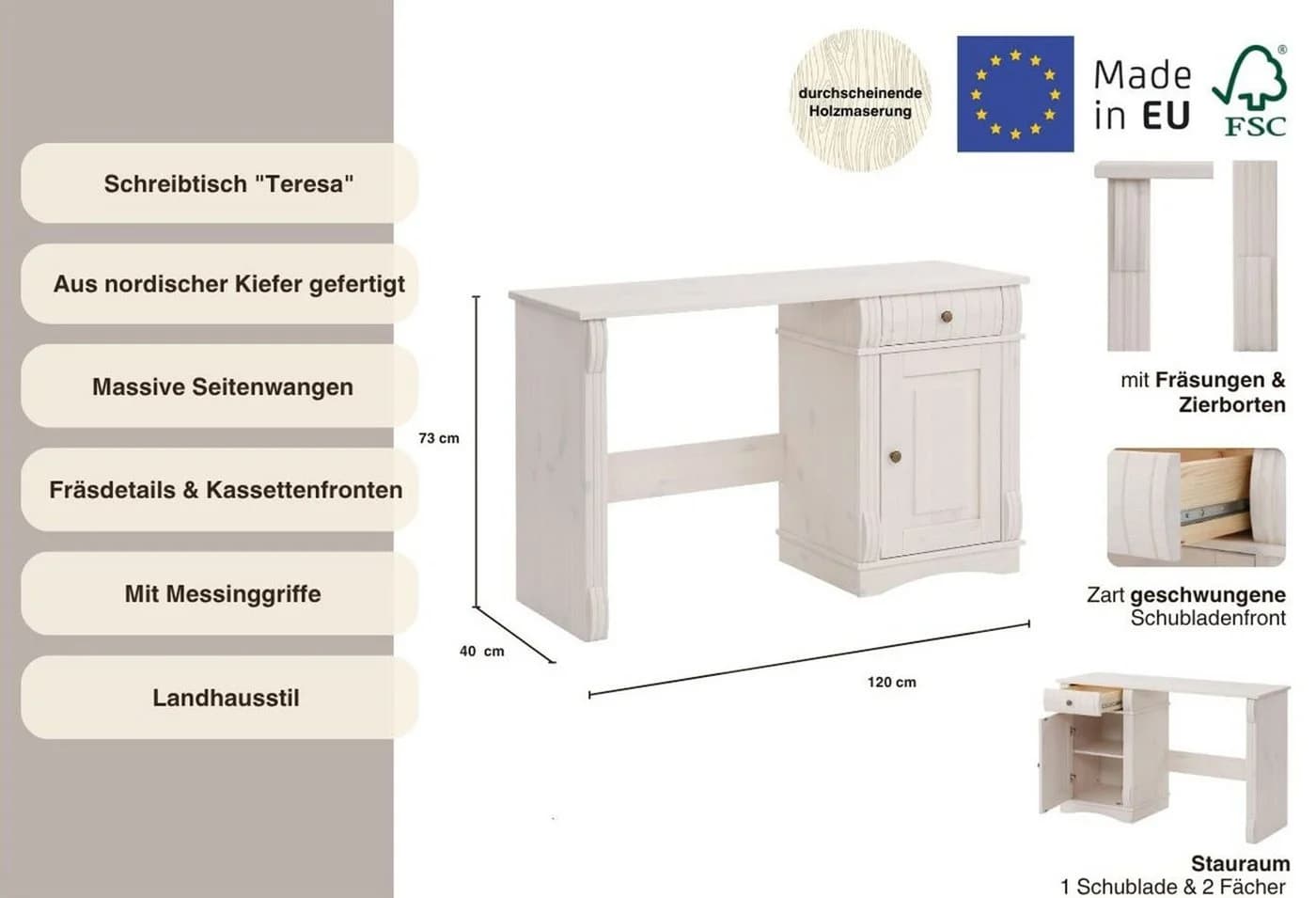 OTTO HOME Schreibtisch Teresa Weiß Massivholz mit Schublade - Bild 3