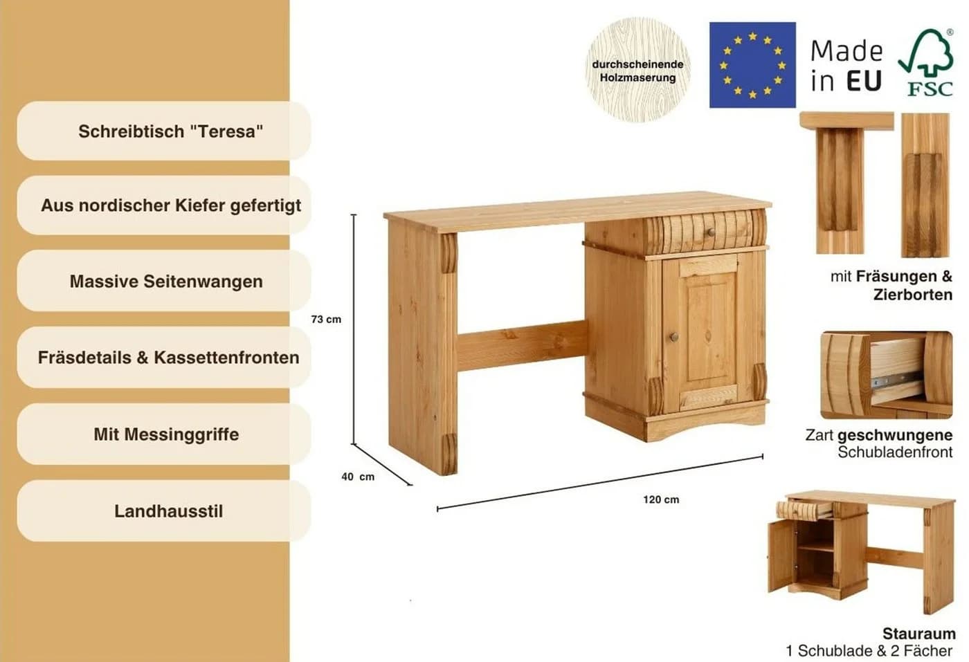 OTTO HOME Schreibtisch Teresa Massivholz Beige Geölt - Bild 3
