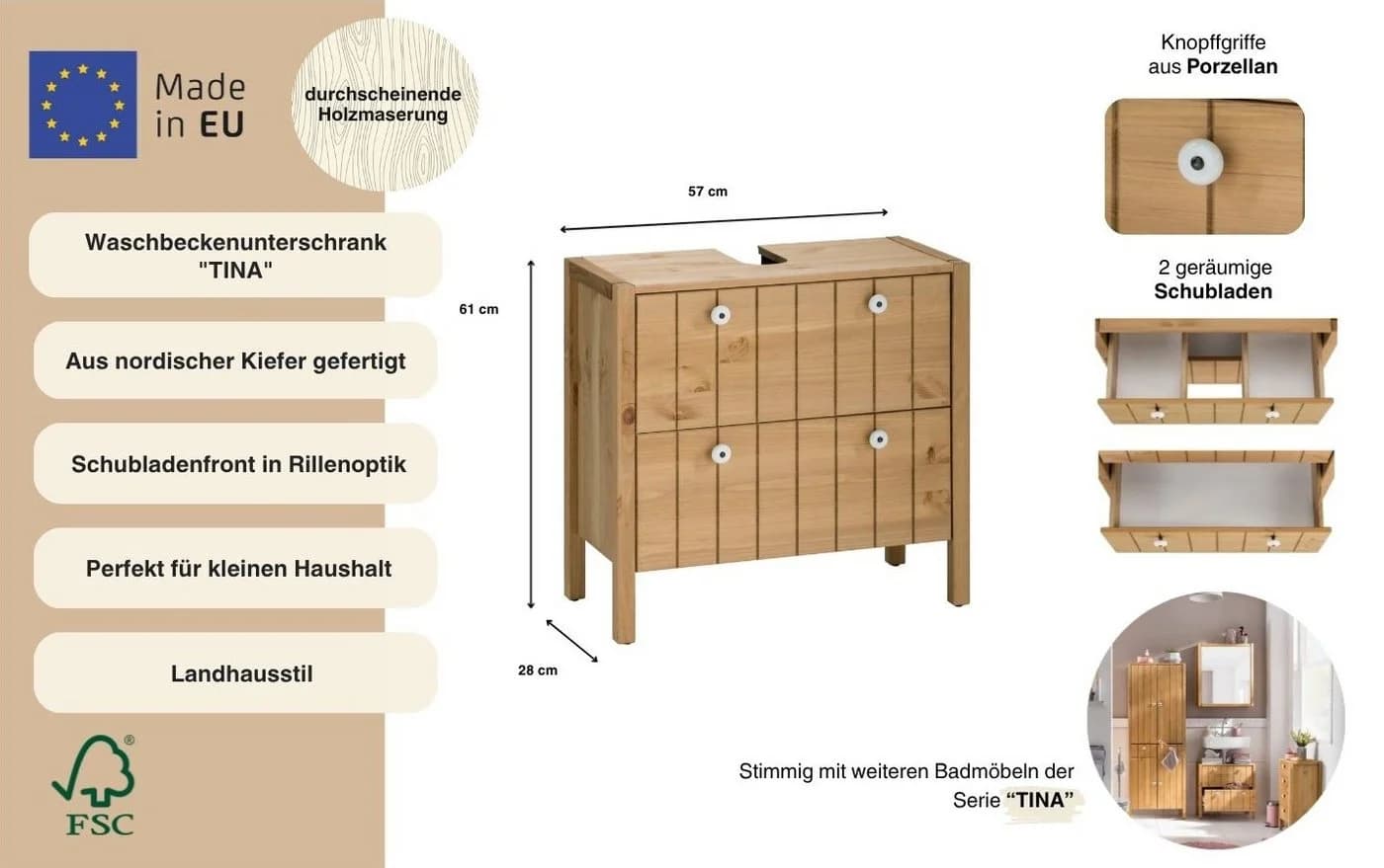 Home Affaire Waschbeckenunterschrank Tina Massivholz Kiefer Beige - Bild 3