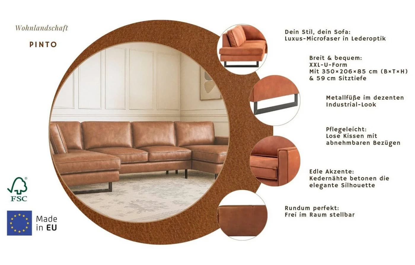 HOME AFFAIRE Pinto Wohnlandschaft U-Form XXL Cognac Microfaser - Bild 4