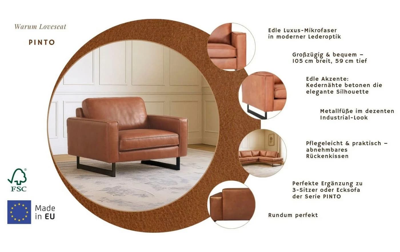 Home affaire Loveseat Pinto 105 cm Cognac Lederoptik - Bild 3