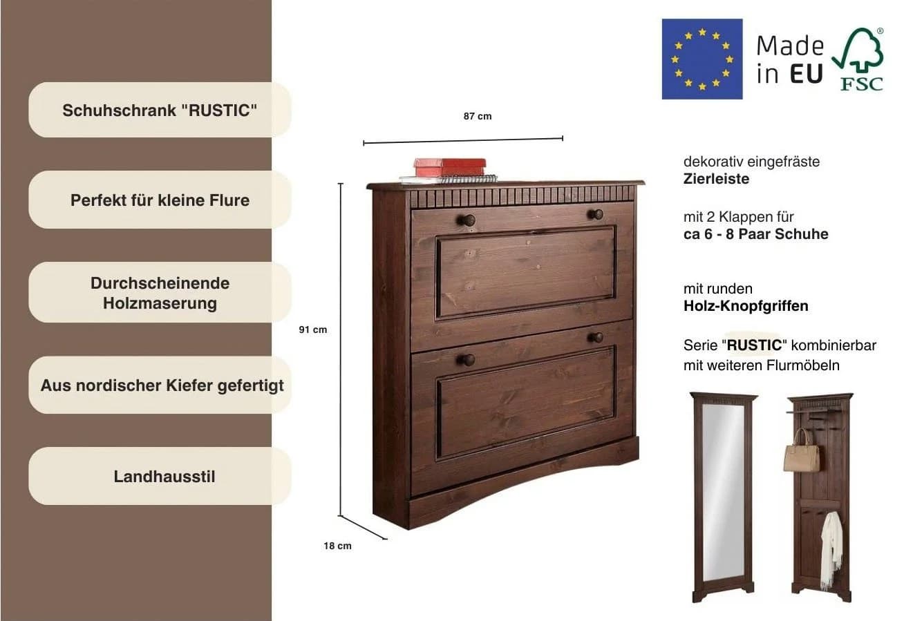 Schuhschrank OTTO HOME Rustic Dunkelbraun Massivholz 2 Klappen - Bild 3