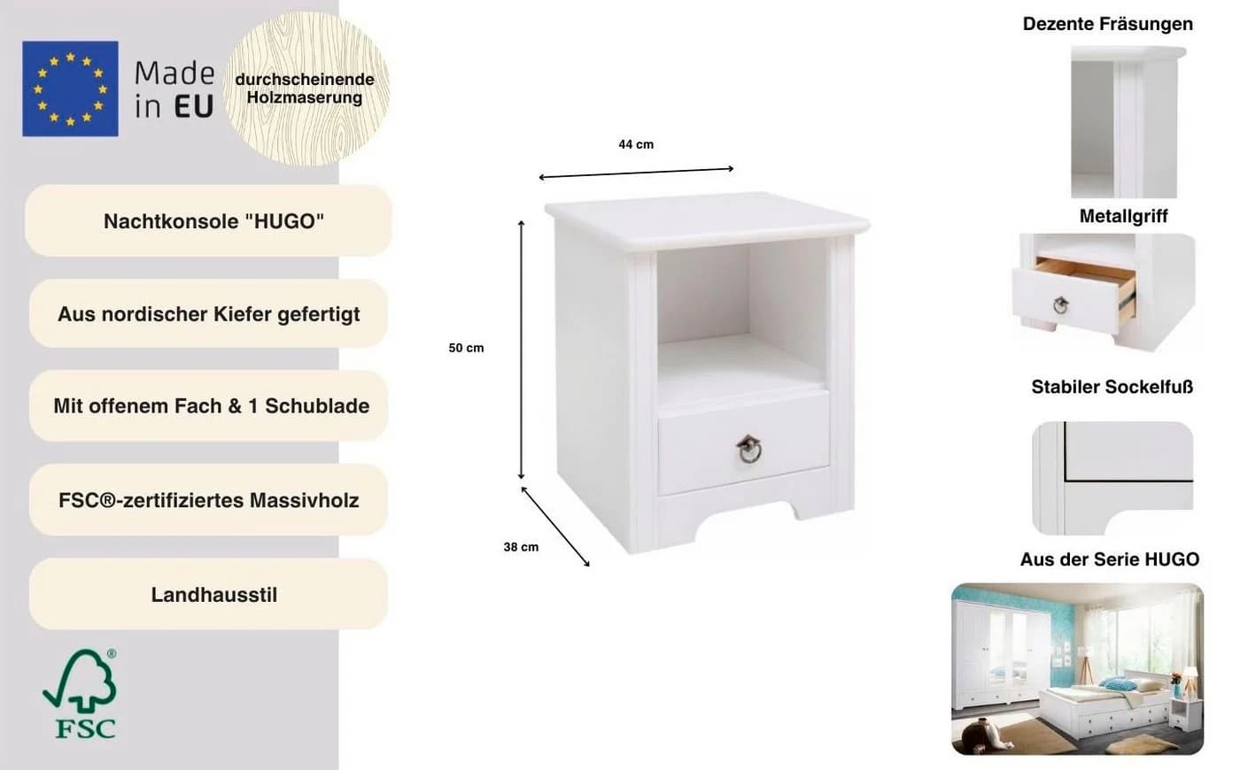 OTTO HOME Nachtkonsole Hugo Weiß Massivholz mit Schublade - Bild 3