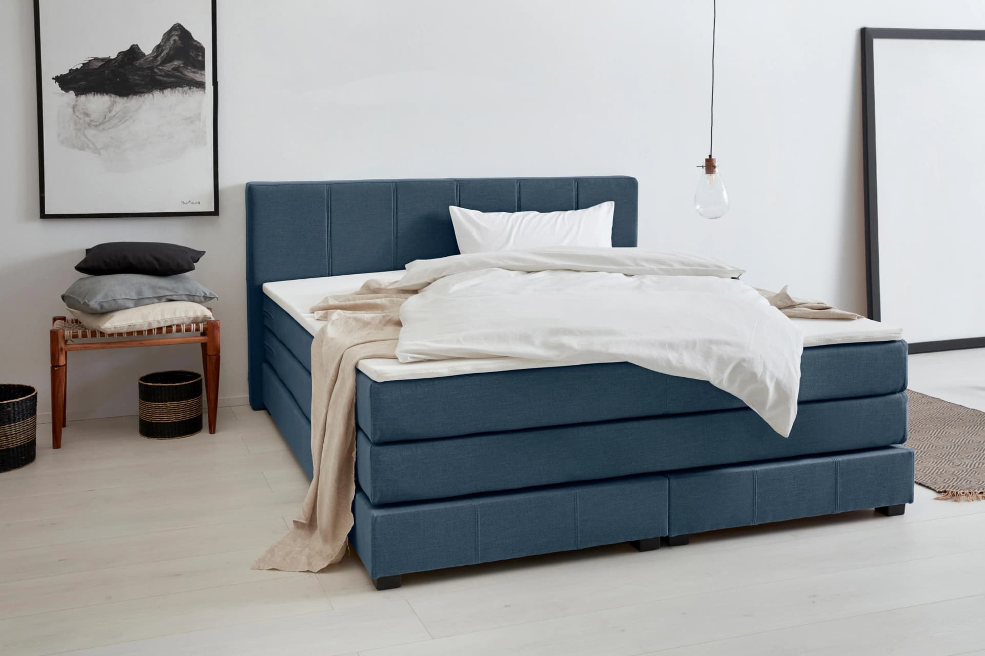 OTTO PRODUCTS Peetu Boxspringbett Blau mit Matratze und Topper