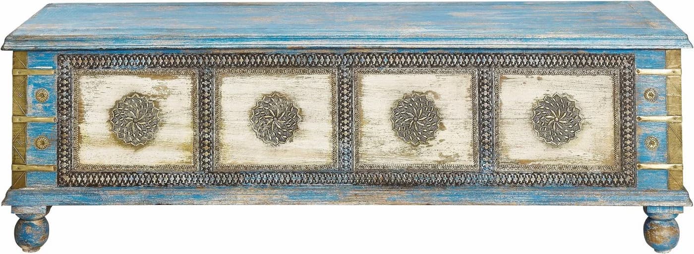 OTTO HOME Sitztruhe Massivholz Akazie antik blau creme