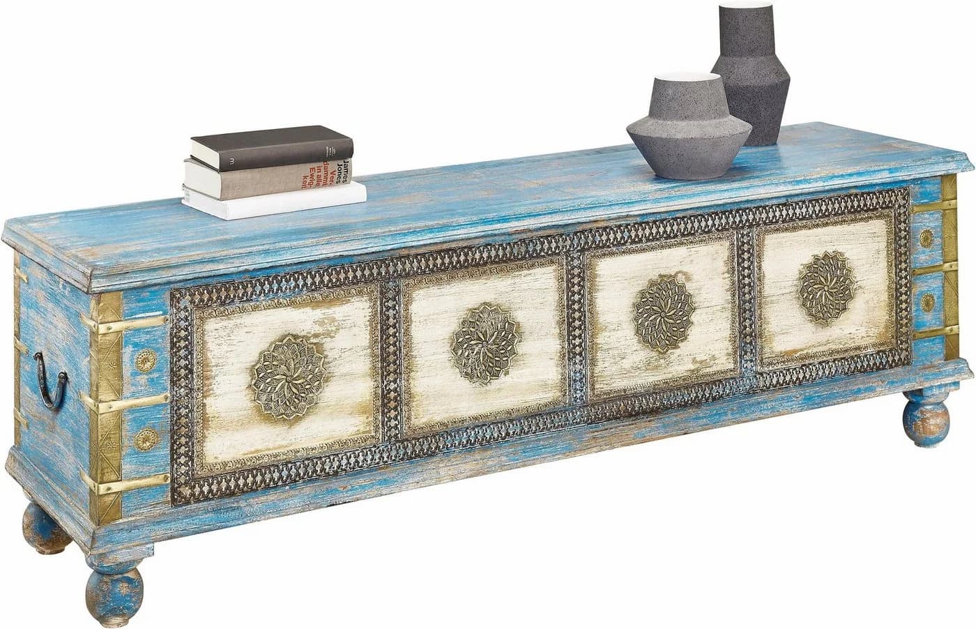 OTTO HOME Sitztruhe Massivholz Akazie antik blau creme - Bild 2