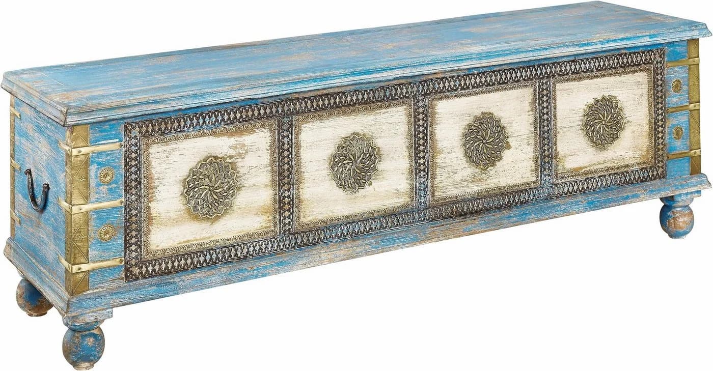 OTTO HOME Sitztruhe Massivholz Akazie antik blau creme - Bild 3