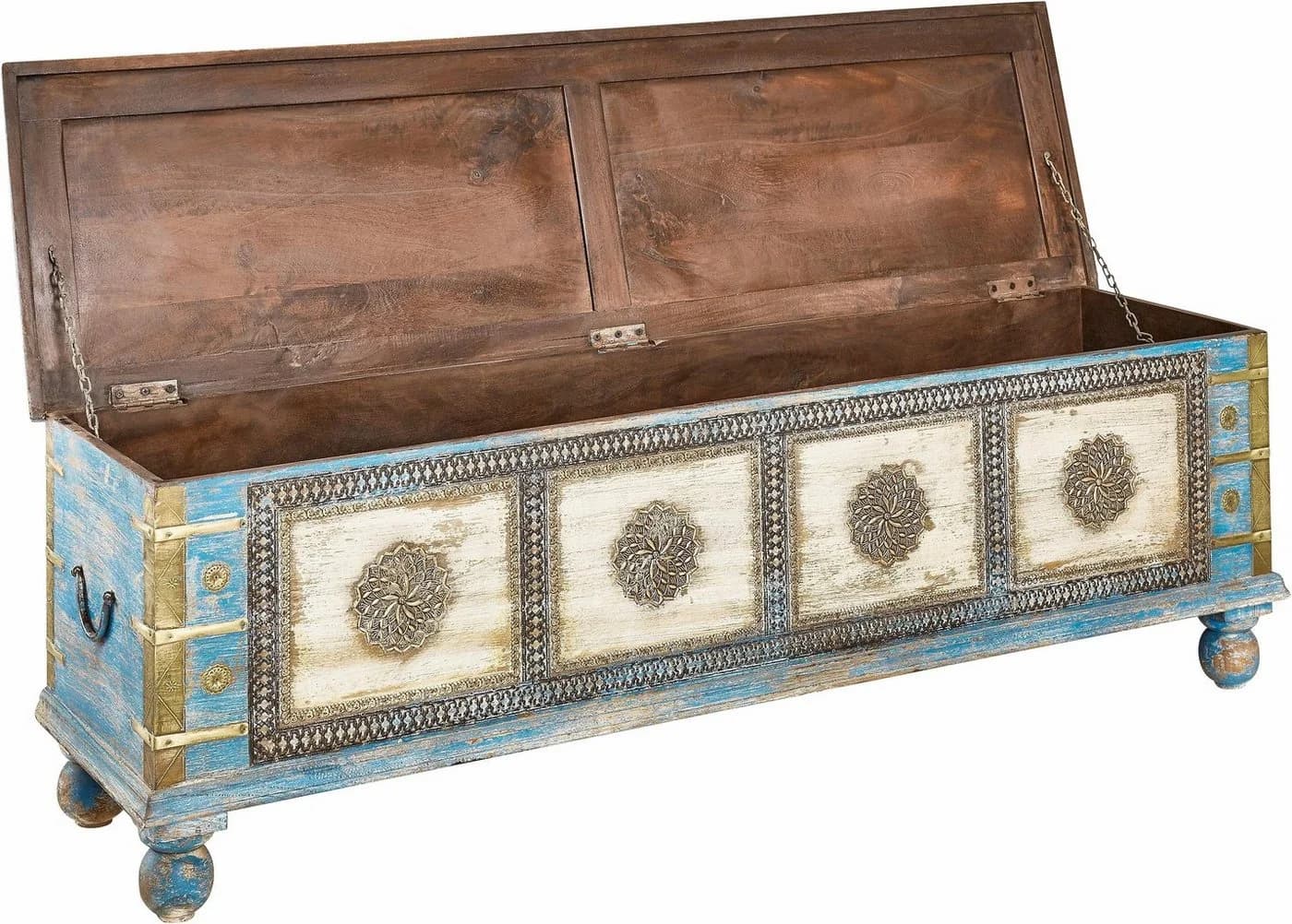 OTTO HOME Sitztruhe Massivholz Akazie antik blau creme - Bild 5