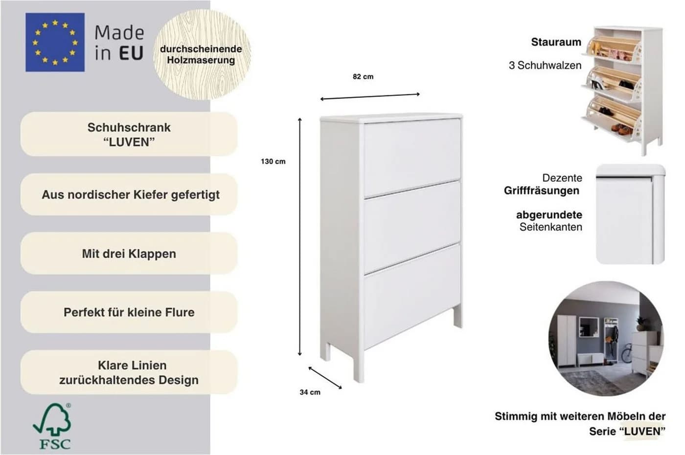 OTTO HOME Schuhschrank Luven Weiß Massivholz 3 Klappen - Bild 3