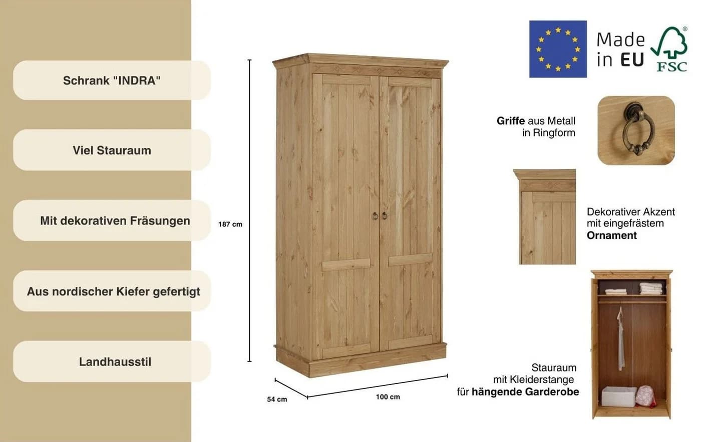 OTTO HOME Kleiderschrank Indra Massivholz Kiefer Beige - Bild 3