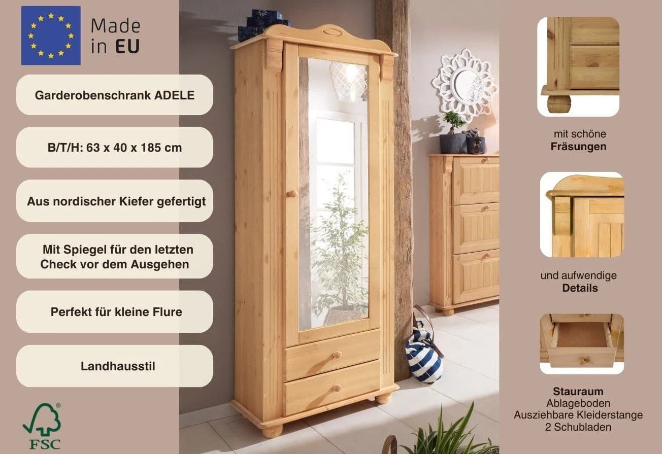 OTTO HOME Garderobenschrank Adele Beige Spiegel 2 Schubladen - Bild 3
