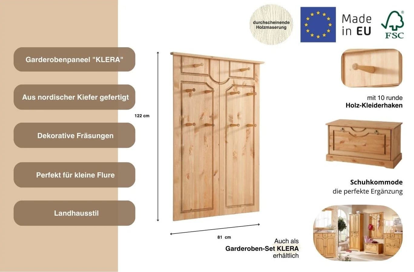 Garderobenpaneel OTTO HOME Klera Massivholz Kiefer Beige 10 Haken - Bild 3