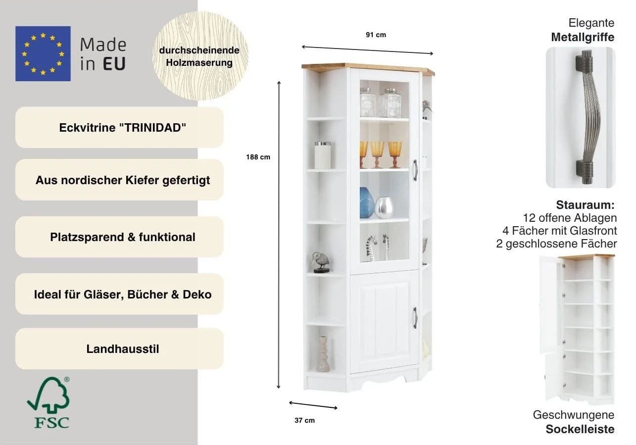 OTTO HOME Eckvitrine Trinidad Weiß Honigfarben Massivholz - Bild 3
