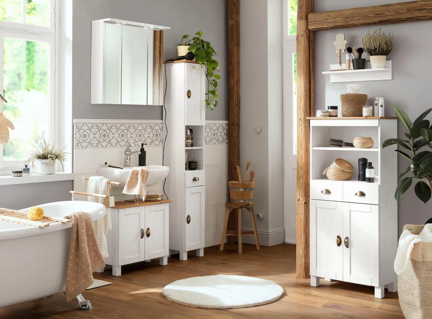 Home Affaire Oslo Waschbeckenunterschrank Weiß-Honig Massivholz - Bild 5