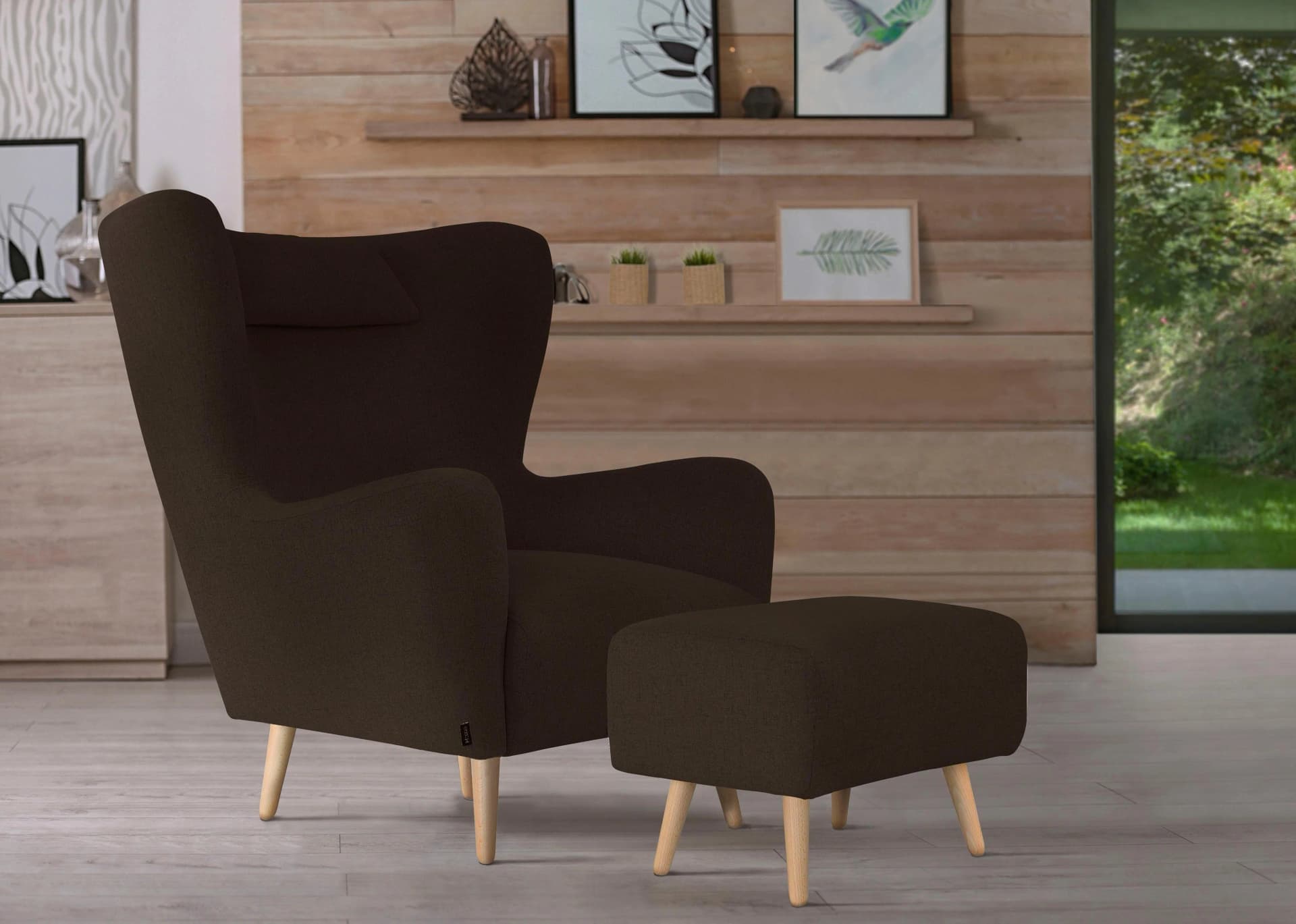 HOME AFFAIRE Sessel Telford Ohrensessel mit Hocker Braun Polyester