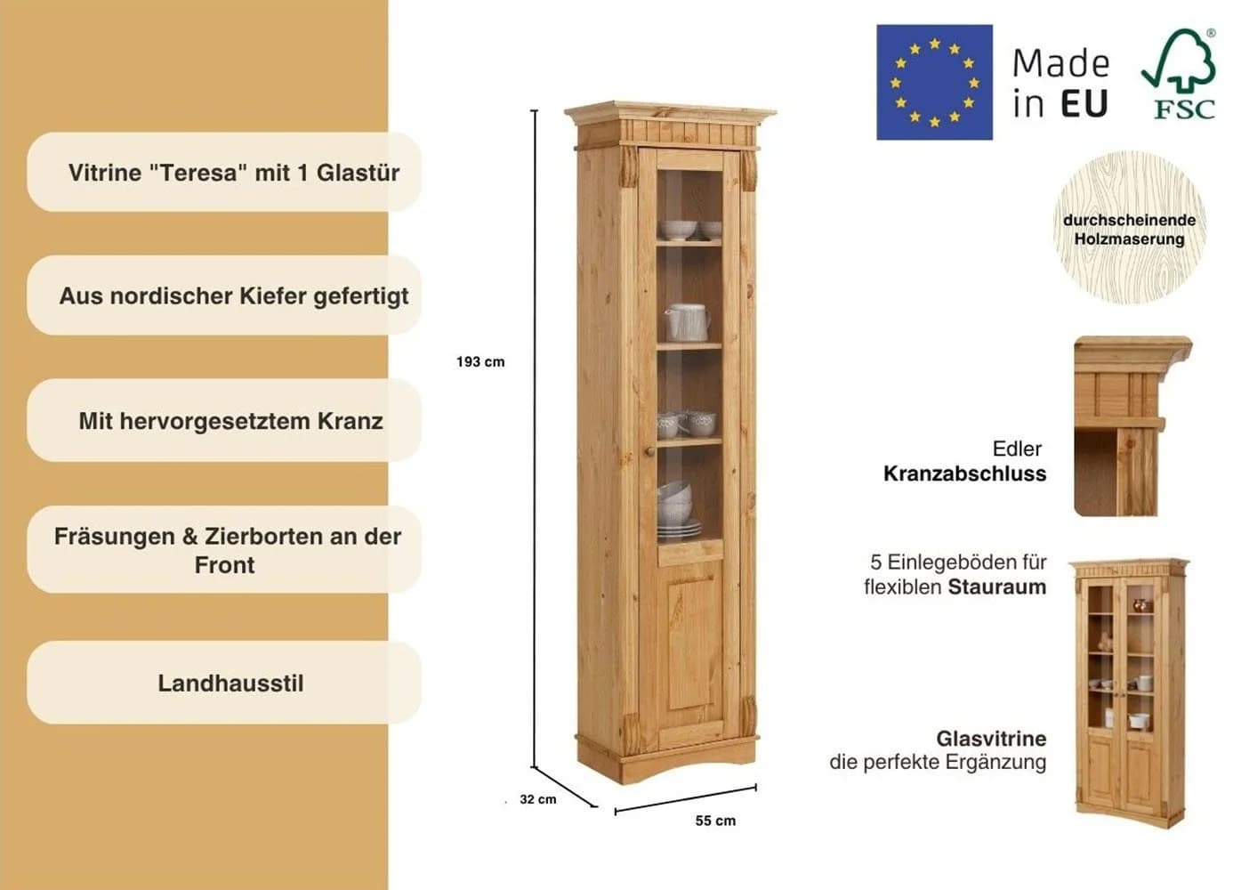 OTTO HOME Vitrine Teresa Massivholz Kiefer Beige Glastür - Bild 3