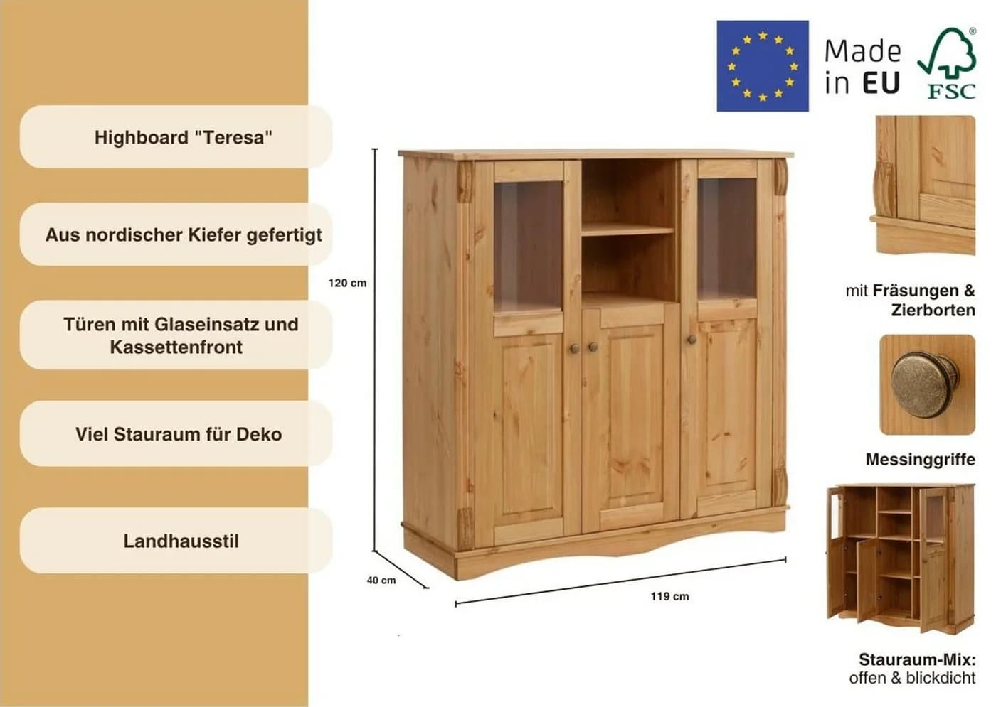 OTTO HOME Highboard Teresa Beige Geölt Massivholz - Bild 3