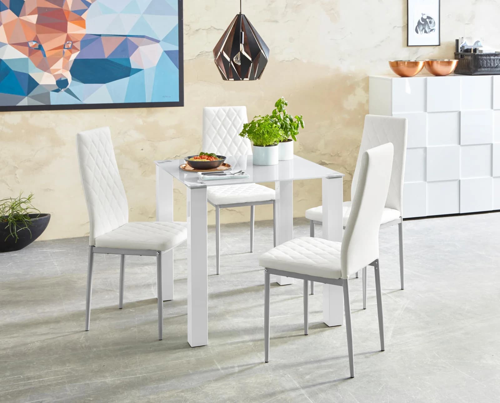 OTTO HOME Essgruppe weiß mit Glastisch 80x80 cm