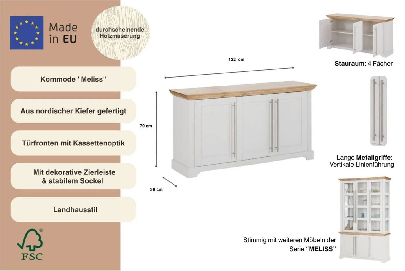 OTTO HOME Kommode Melissa Weiß Massivholz Kiefer 3-türig - Bild 3