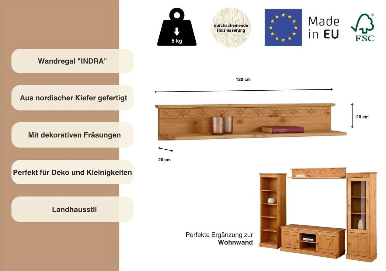 OTTO home Wandregal Indra Massivholz Kiefer Landhausstil Beige - Bild 3