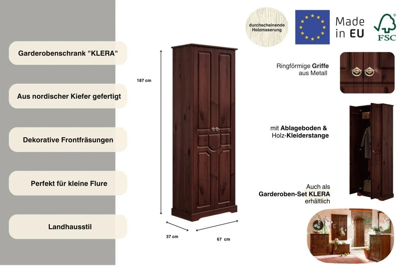 OTTO HOME Garderobenschrank Klera Dunkelbraun Massivholz - Bild 3