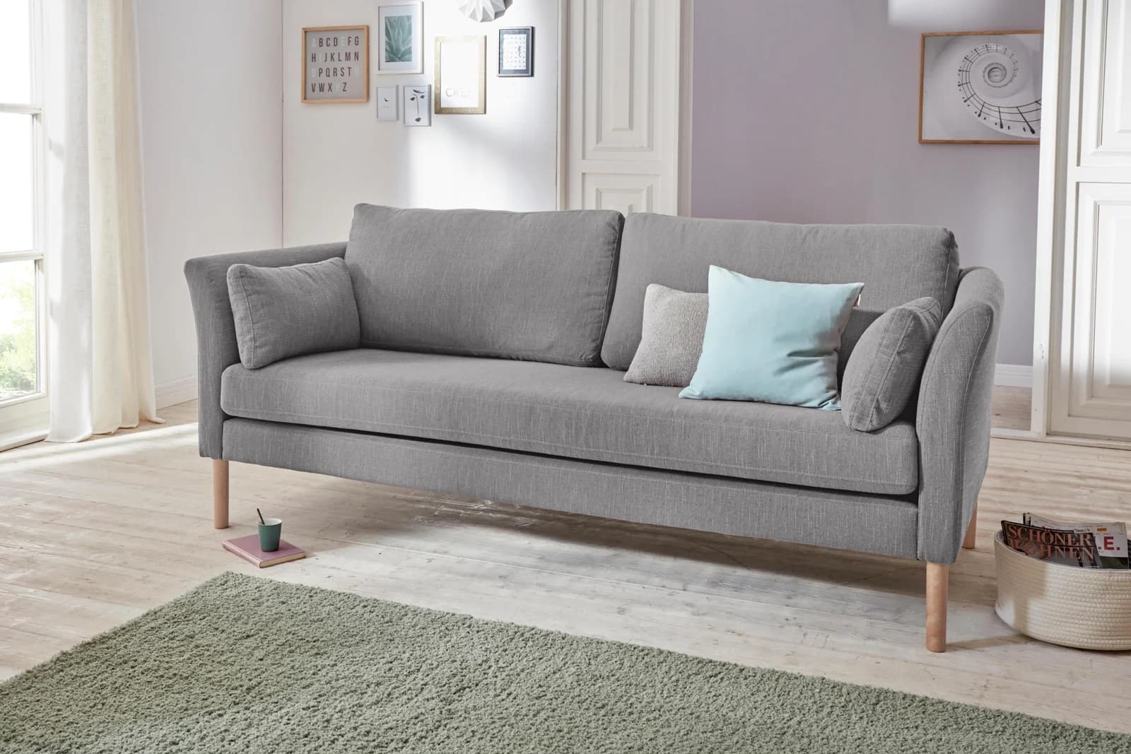 ANDAS 3-Sitzer Sofa "Grenzda" hellgrau mit Massivholzfüßen